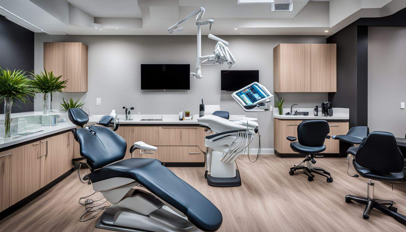 A modern dental office with a bustling atmosphere and diverse clients.